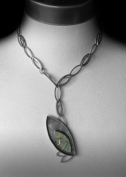 Rough cut labradorite, roll printed leaf, hand fabricated leaf link chain, open leaf clasp, oxidized silver, one of a kind necklace picture