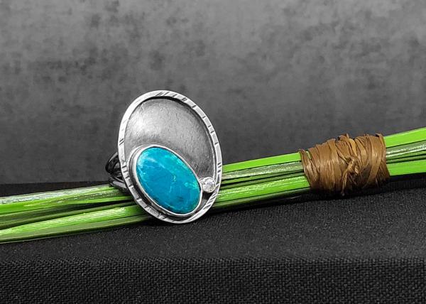 Eilat chrysocolla, white sapphire, double band shank, hammered texture oxidized silver, hand fabricated, one of a kind, Size 8.00 (US)