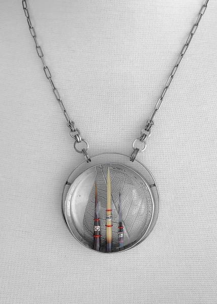 Porcupine quills, vintage pocket watch crystal reliquary, roll printed oxidized silver, colored wire, custom chain, one of a kind necklace