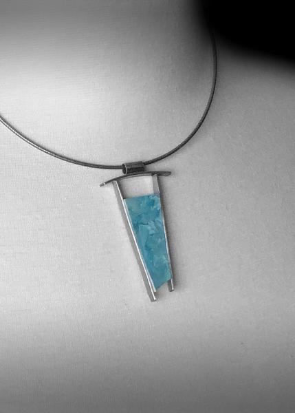 Colorful, recycled porcelain, glass crystalline glaze, statement piece, contemporary, one of a kind, oxidized silver, pendant only