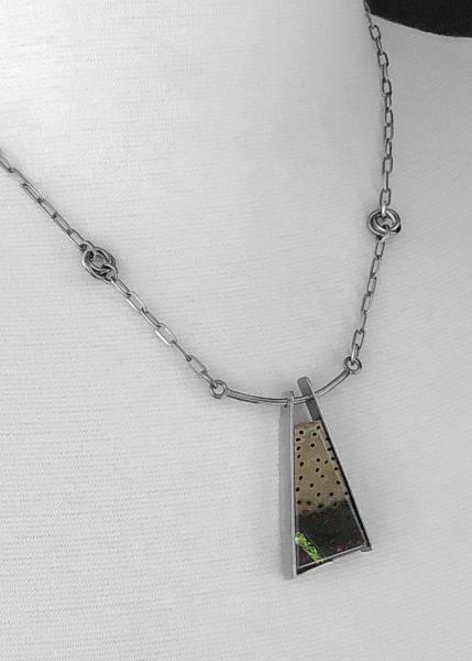 Fossilized palm wood, married with fused dichroic glass, oxidized silver, kinetic custom chain, one of a kind necklace picture