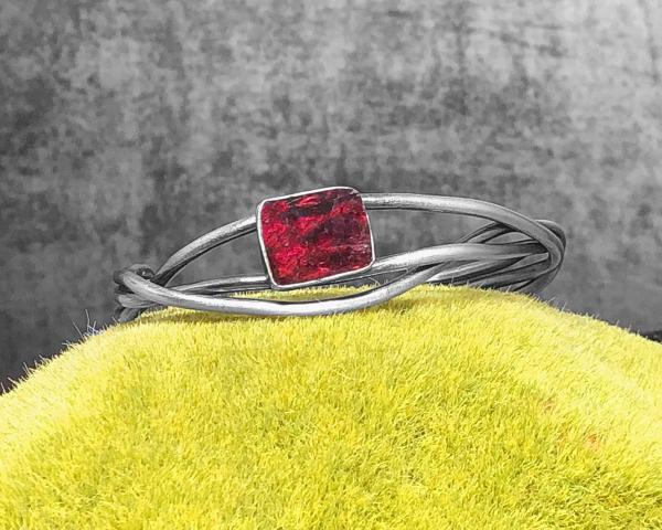 Raw garnet (garnet druzy), triple wire, oxidized sterling silver, small wrist size, hand fabricated, one of a kind cuff picture