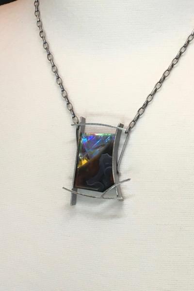 Piranha agate, married with optical & dichroic glass, white sapphire, cold worked, oxidized silver, one of a kind, contemporary necklace