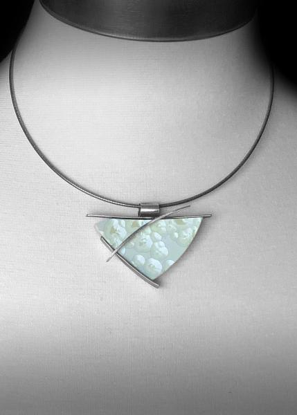 Neutral , recycled porcelain, glass crystalline glaze, statement piece, contemporary, one of a kind, oxidized silver, pendant only picture