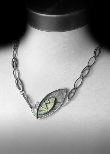 Rough cut labradorite, roll printed leaf, hand fabricated leaf link chain, open leaf clasp, oxidized silver, one of a kind necklace picture