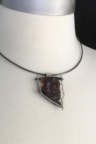 Red plume agate, married with dichroic glass, contemporary, one of a kind, oxidized silver, live edge, stone & glass pendant only picture