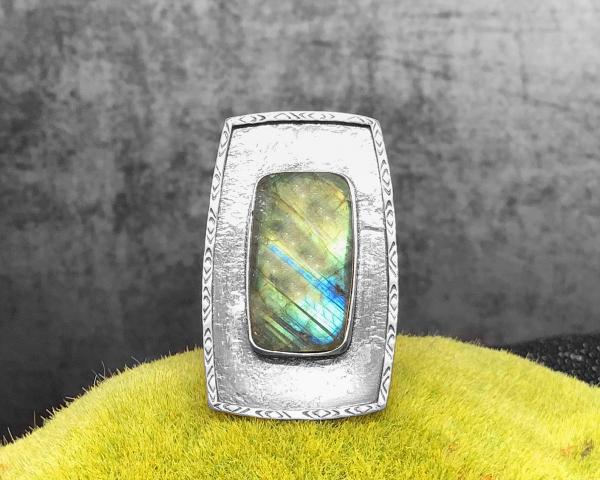 Labradorite, wide double wire shank, roll printed oxidized silver, hand fabricated, one of a kind, statement piece ring, Size 7.50 (US) picture