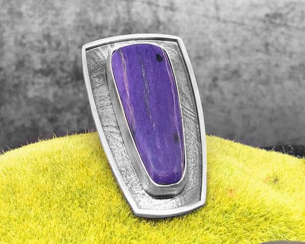 Russian charoite, double band shank, roll printed oxidized silver, hand fabricated, one of a kind, statement piece ring, Size 7.75 (US)