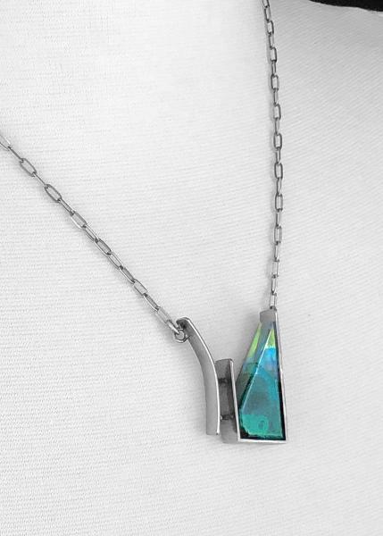 Malachite infused w/optical & dichroic glass, cold worked, oxidized silver, one of a kind, stone and glass necklace