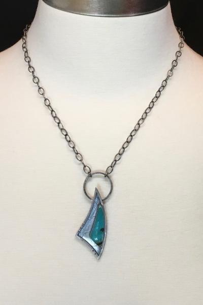 Gem silica chrysocolla , kinetic bail, roll printed leaf, oxidized silver, custom chain, one of a kind, contemporary, natural stone necklace