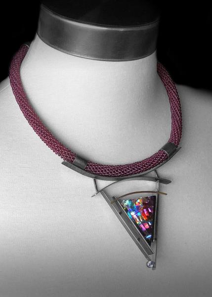 Laminated optical & dichroic glass, cold worked glass, 18Kgold, white sapphire, amethyst beaded choker, oxidized silver one of kind necklace