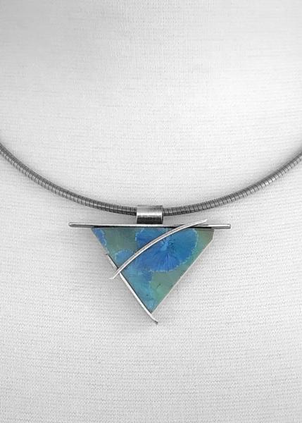 Colorful, recycled porcelain, glass crystalline glaze, statement piece, contemporary, one of a kind, oxidized silver, pendant only picture