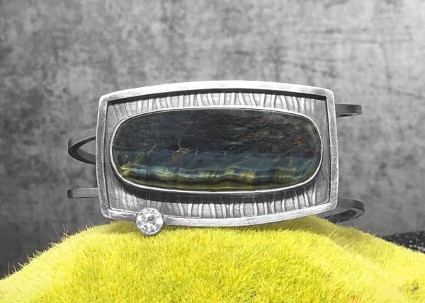 Blue tiger eye, white sapphire, double wire, roll printed oxidized sterling silver, medium size, hand fabricated, one of a kind cuff