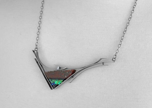 Fossilized dinosaur bone infused with dichroic glass, white sapphire, oxidized silver, custom chain, one of a kind stone & glass necklace picture