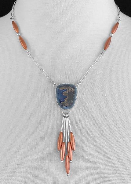 Colorful recycled porcelain, glass crystalline glaze, copper beads, sterling silver, contemporary one of a kind sculptural necklace
