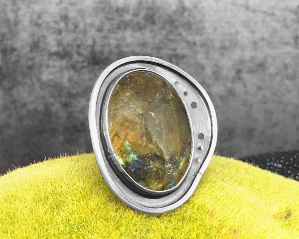 Labradorite, wide double wire band shank, oxidized sterling silver, hand fabricated, one of a kind, statement piece ring, Size 6.25 (US) picture