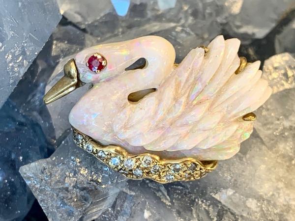 18k Carved Australian Opal Swan Pin picture