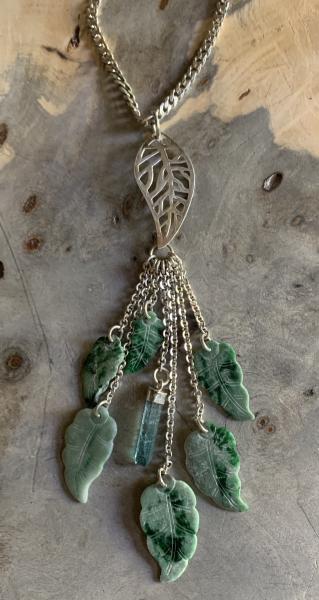 Carved Burmese Jade leaf dangles with tourmaline dangle picture