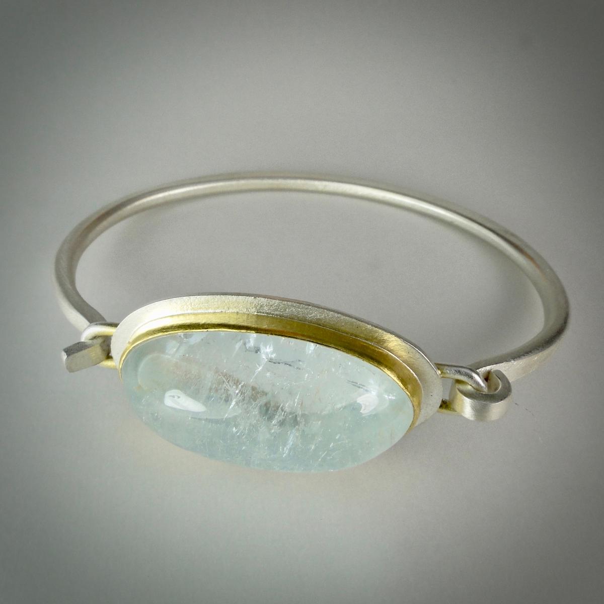 Aquamarine Bangle Bracelet Sterling Silver with 22K Gold Bezel picture