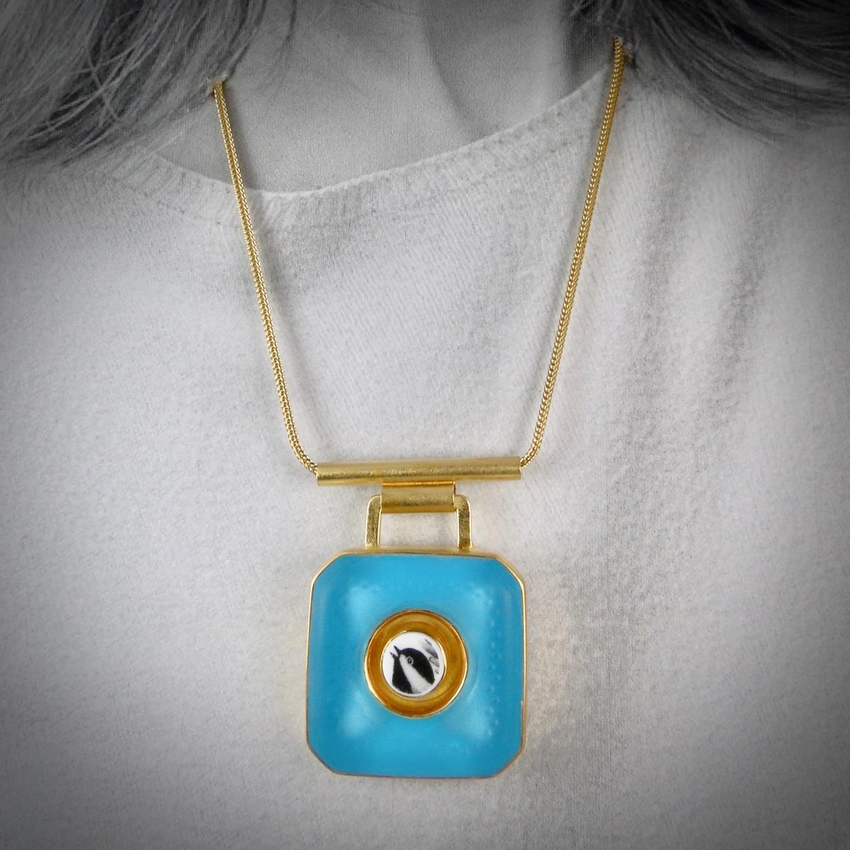 Chickadee and Aqua Blue Pendant in Gold picture