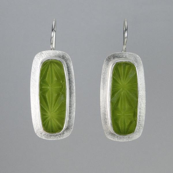 Long Rectangle Earrings with Carved Green Glass and Silver picture