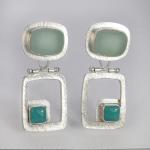 Modern Hinged Earrings in Coke Bottle and Turquoise Glass