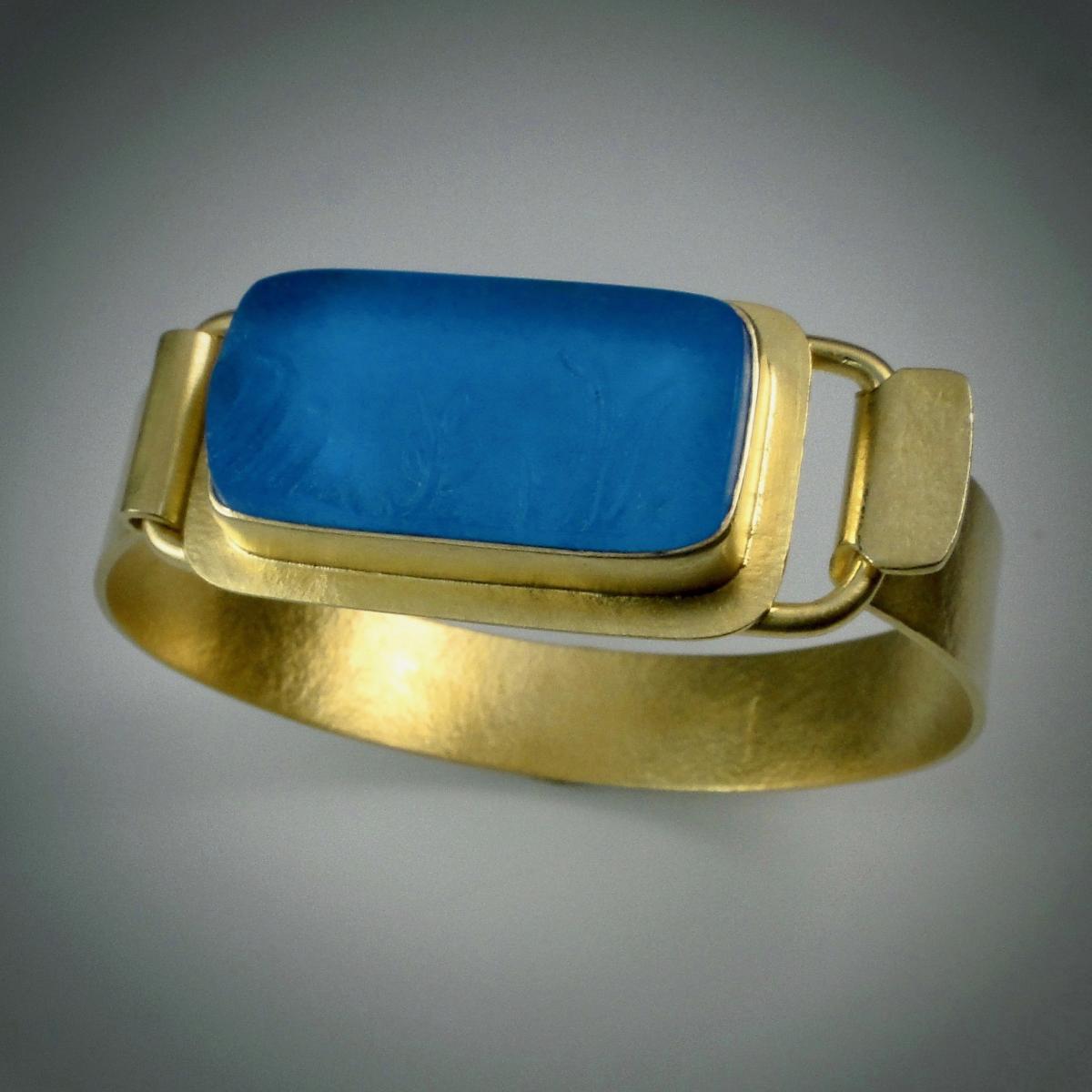 Special Vintage Pressed Blue Glass Cuff Bracelet in Gold picture