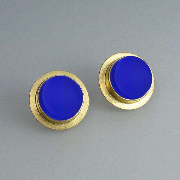 Button Earrings in Gold with Vintage Cobalt Bottle Glass