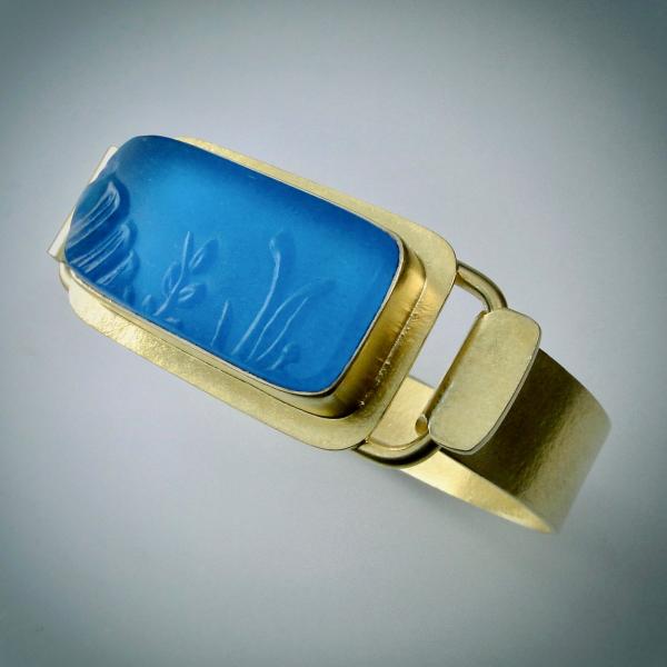 Special Vintage Pressed Blue Glass Cuff Bracelet in Gold picture