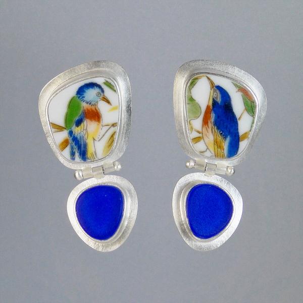 Blue Bird and Cobalt Porcelain Hinged Earrings picture