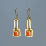 Linked Square Earrings in Gold with Coral Glass