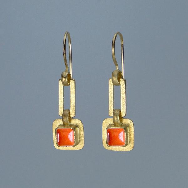 Linked Square Earrings in Gold with Coral Glass