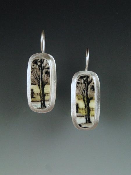 Meadow Trees Rectangle Earrings with Vintage Porcelain picture