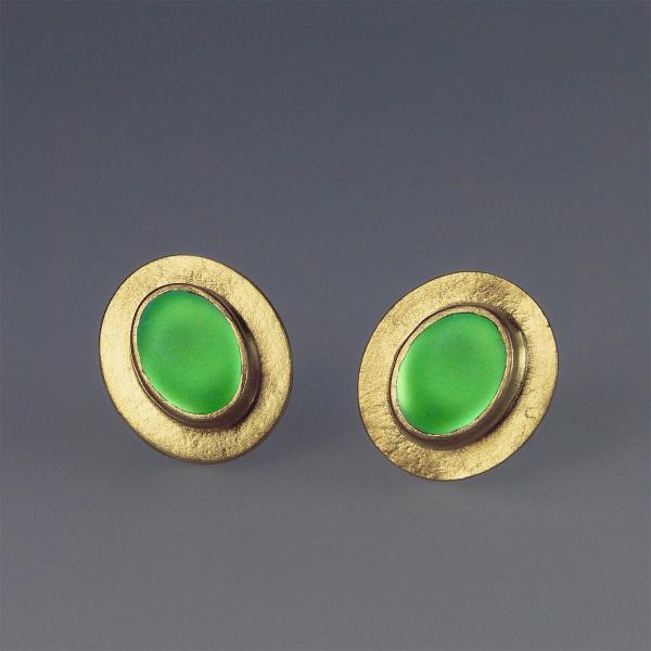 Oval Post Earrings in Gold with Lime Green Glass picture