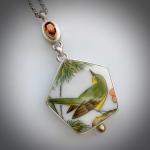 Greenfinch and Garnet BirdHouse Necklace