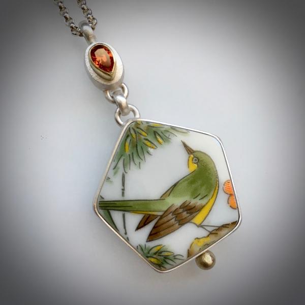 Greenfinch and Garnet BirdHouse Necklace picture