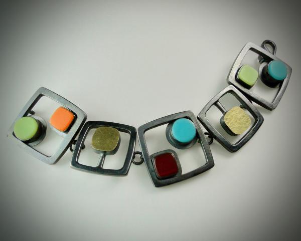 Multicolored Cabs and Cubes Bracelet in Oxidized Silver