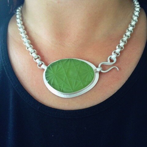 Aya Necklace in Vintage Green Carved Glass picture