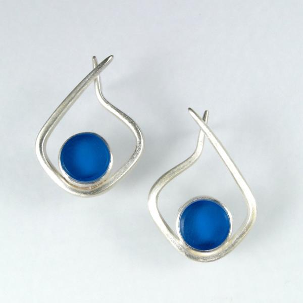 Modern Hoop Earrings in Silver with Vintage Cobalt Bottle Glass