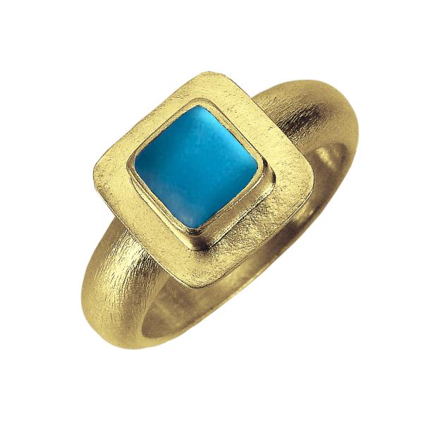 Classic Square Ring in Gold with Aqua Etched Glass