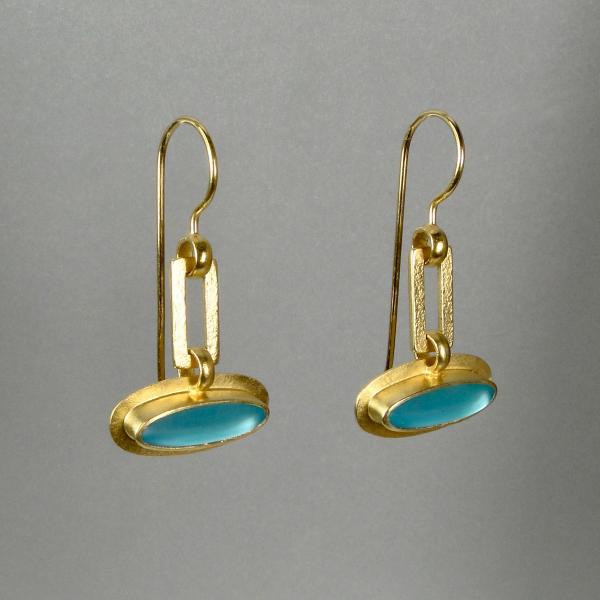 Horizontal Ellipse Earrings in Gold with Aqua Glass