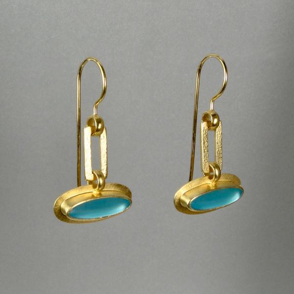 Horizontal Ellipse Earrings in Gold with Aqua Glass picture