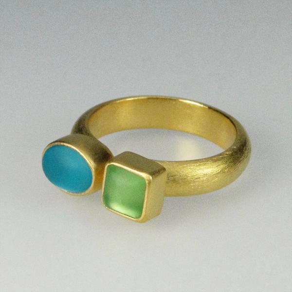 Double Glass Ring in Aqua and Green with Gold