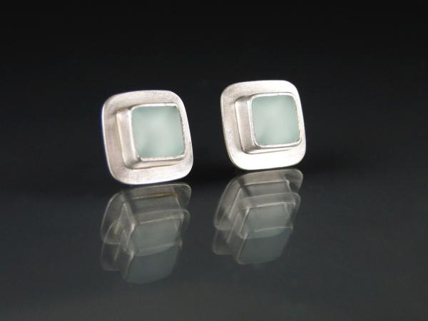 Small Square Post Earrings in Sea Foam Green and Silver
