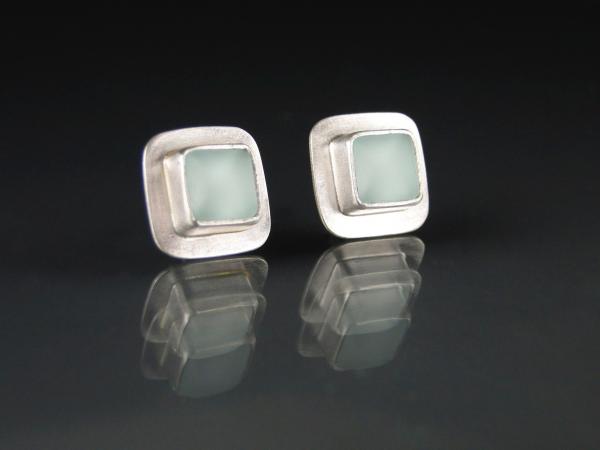 Small Square Post Earrings in Sea Foam Green and Silver picture