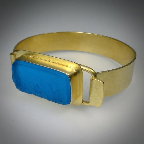 Special Vintage Pressed Blue Glass Cuff Bracelet in Gold picture
