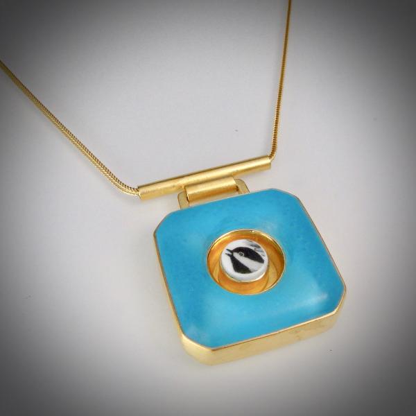 Chickadee and Aqua Blue Pendant in Gold picture