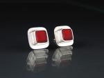 Small Square Post Earrings in Red and Silver