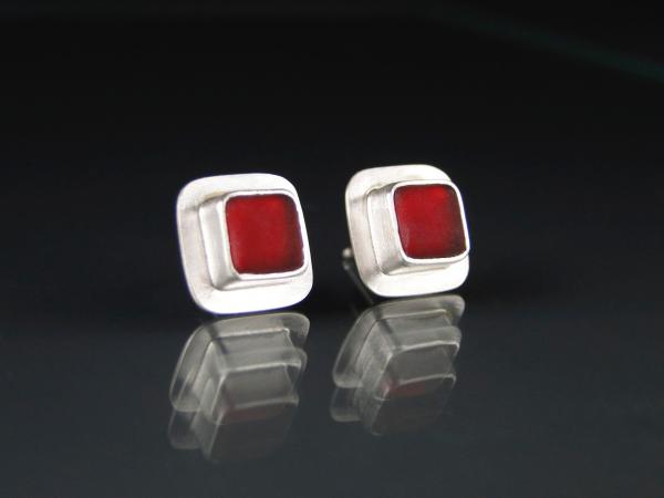 Small Square Post Earrings in Red and Silver picture