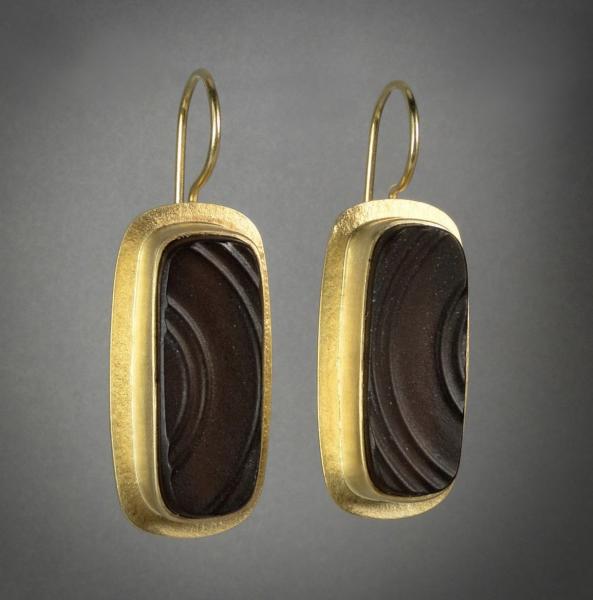 Long Rectangle Earrings in Gold with Vintage Root Beer Bottle Glass picture